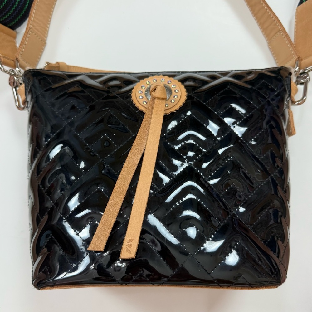 Consuela Black Patent Quilted Bucket Bag with Beige Trim - Picture 2 of 12